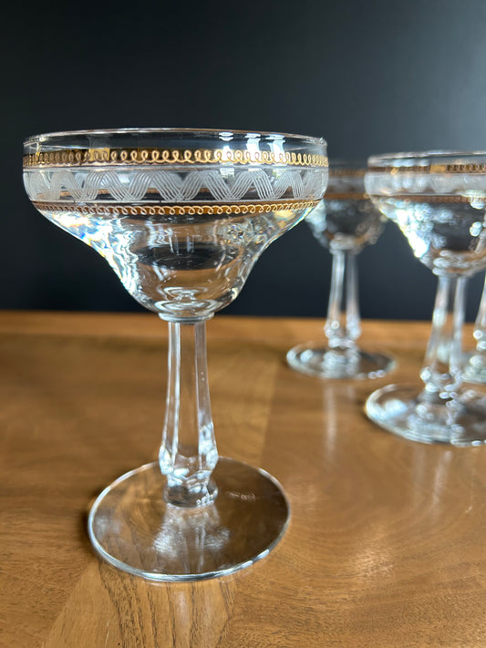 etched champagne goblets (5) with delicate gold trim