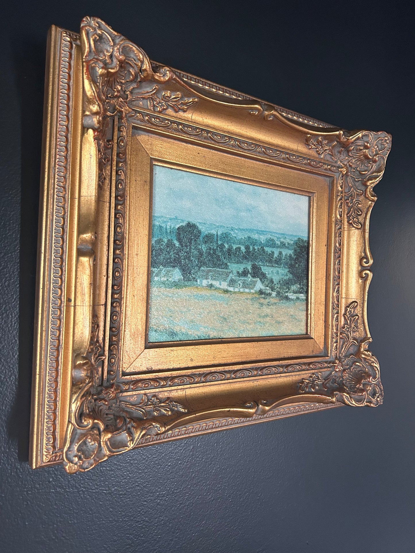 expressionist meadow and home reproduction with gilded frame
