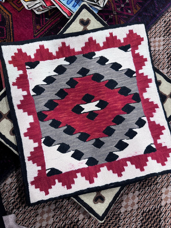 handmade pillow cover from Kashmir, India -- black, gray, and crimson