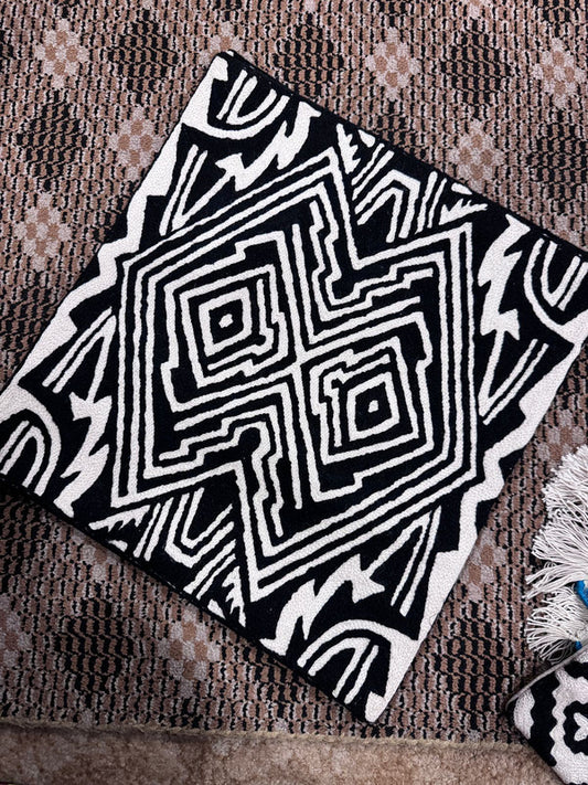 handmade pillow cover from Kashmir, India, black and white tribal