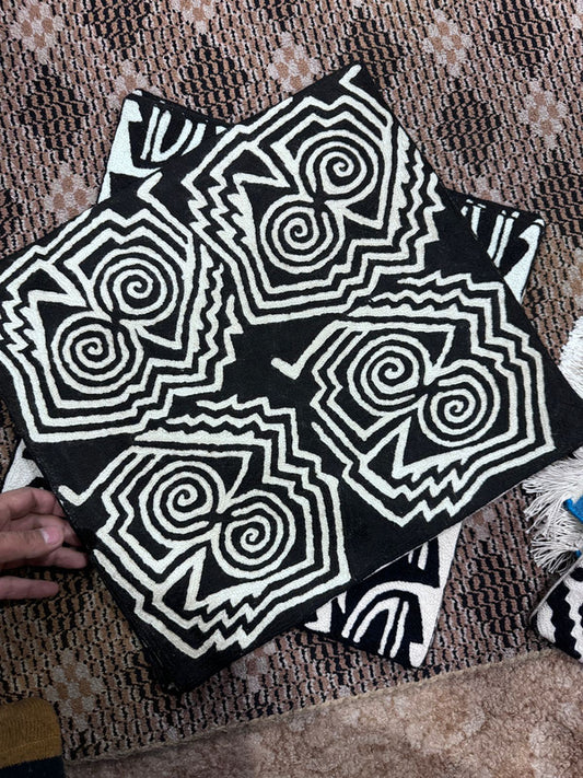 handmade pillow cover from Kashmir, India -- black and white tribal swirl