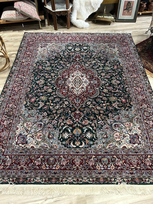 hand-knotted wool green and red kashan rug