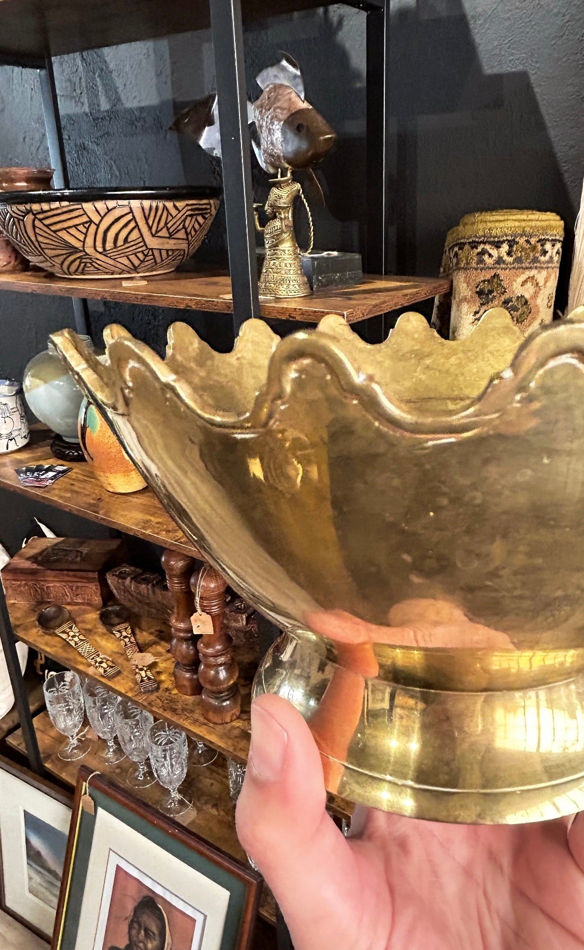 vintage brass footed bowl with scalloped edge