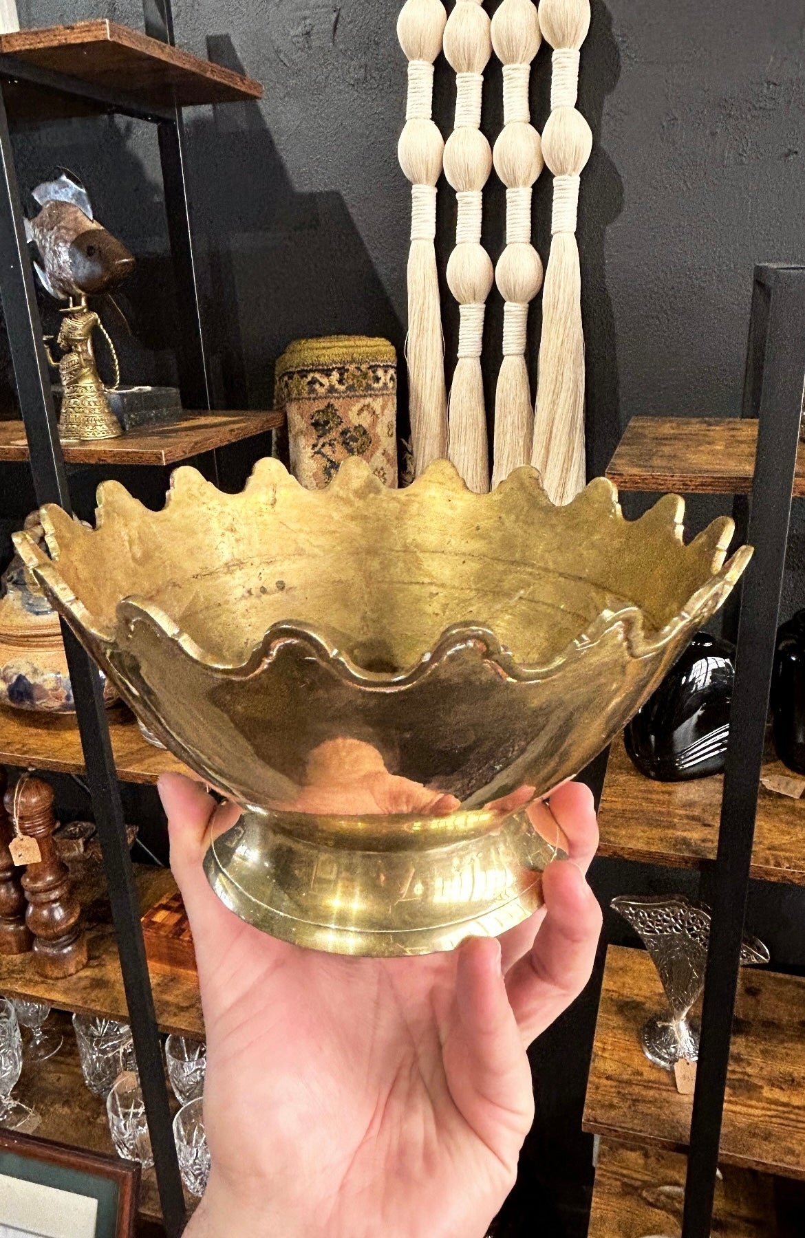 vintage brass footed bowl with scalloped edge