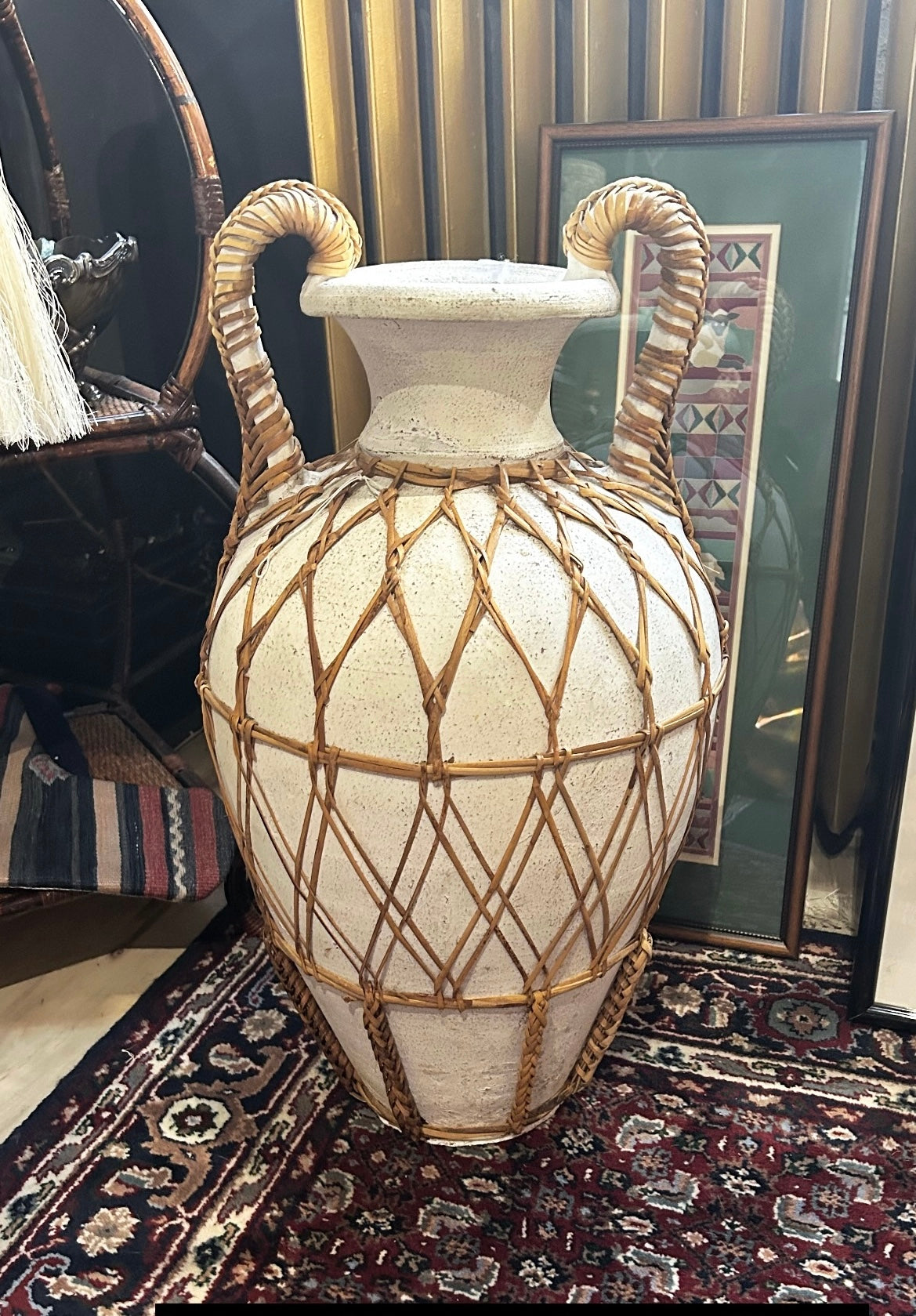 oversized amphora vase with woven wicker