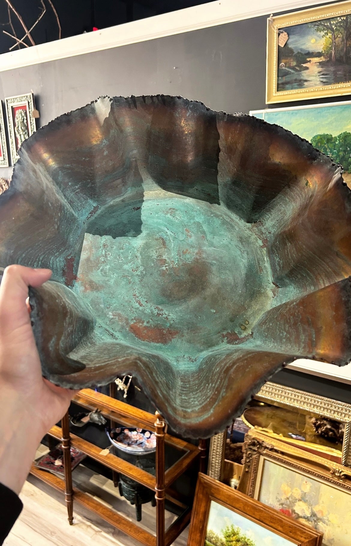 large copper oxidized bowl
