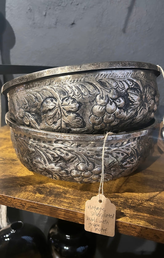 vintage, silver plated bowl with grape motif