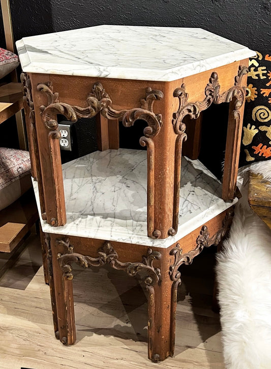 antique, ornate Italian side tables with marble top (pair)
