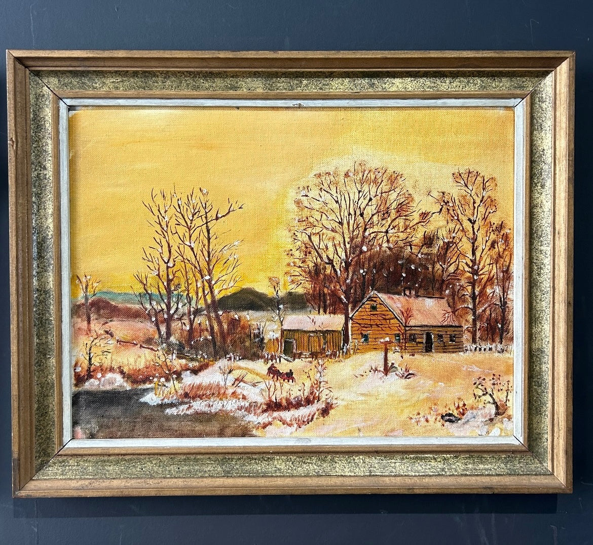 vintage painting of a log cabin snowy sunset