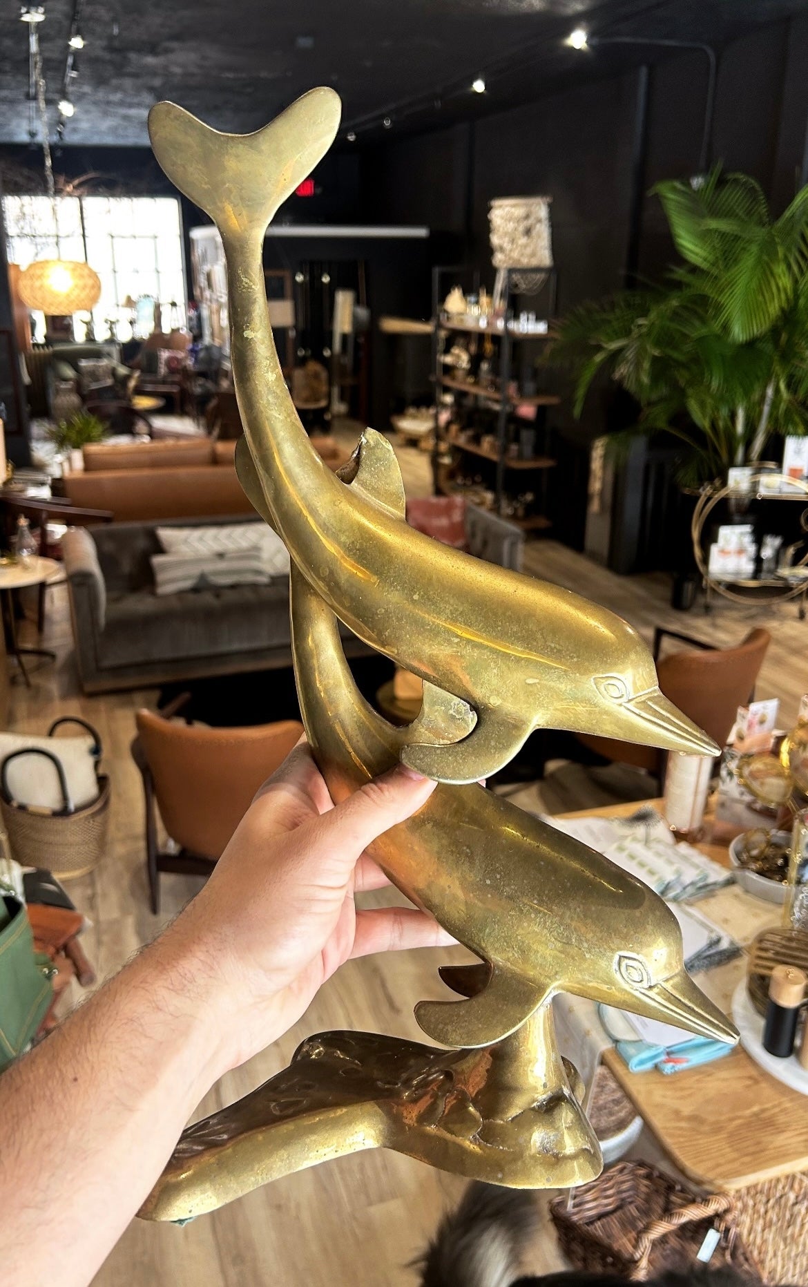 large vintage brass dolphin pair