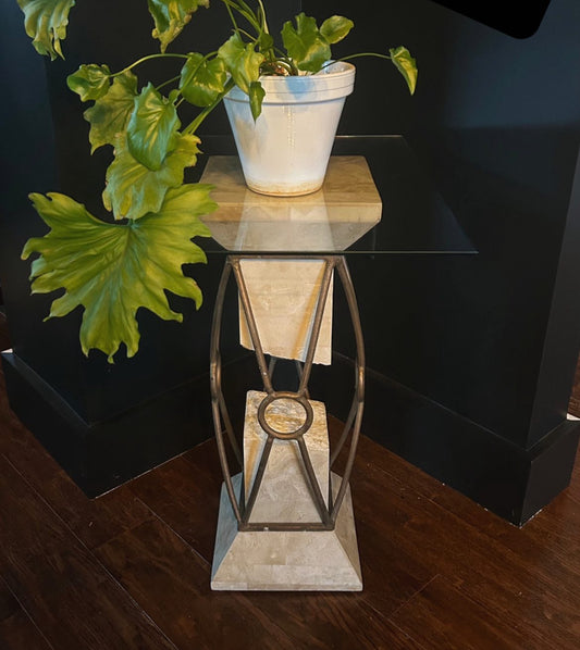 pair of post-modern stone and iron pedestal side tables (pair)
