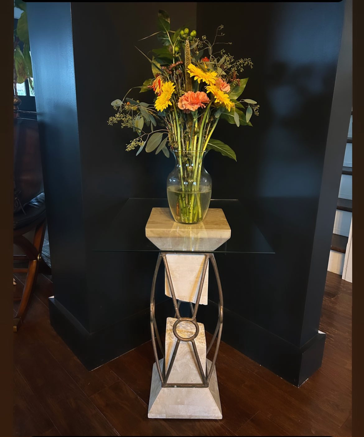 pair of post-modern stone and iron pedestal side tables (pair)