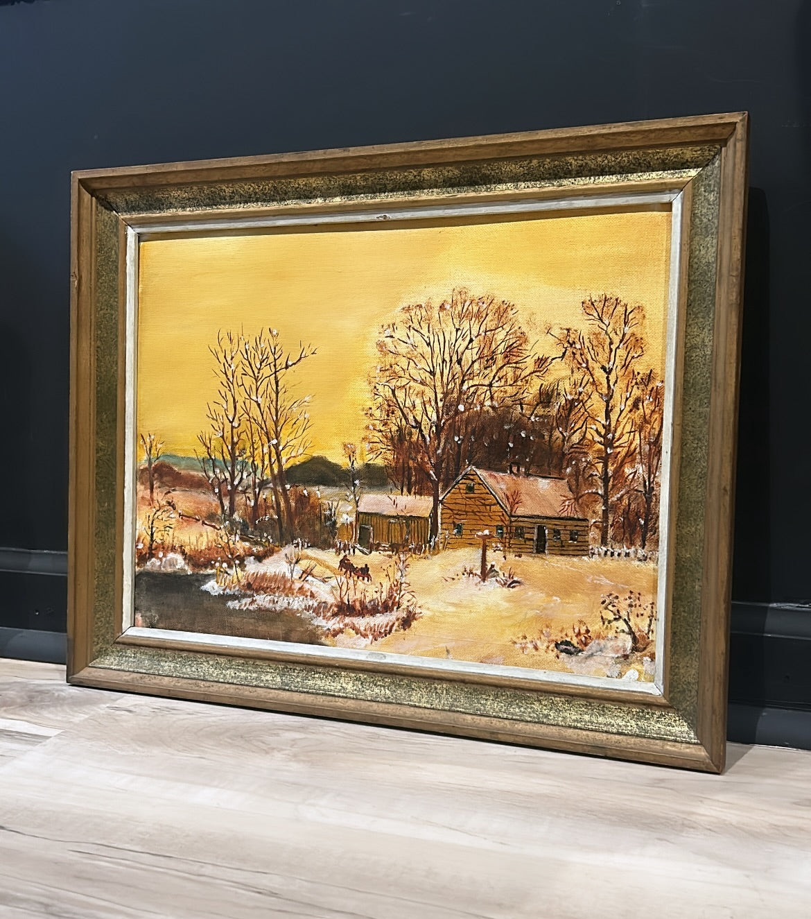 vintage painting of a log cabin snowy sunset