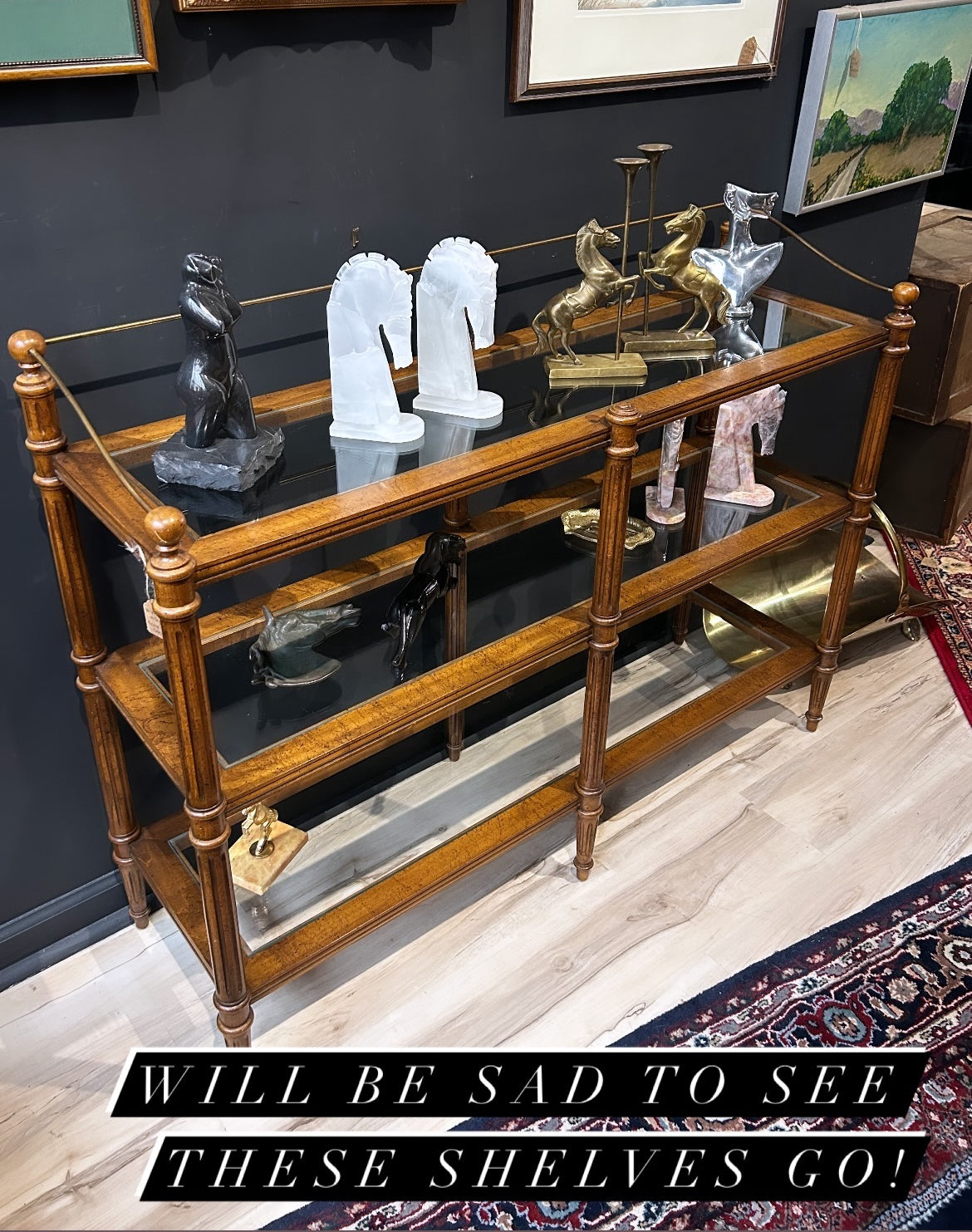 three-tier burlwood and glass console shelf