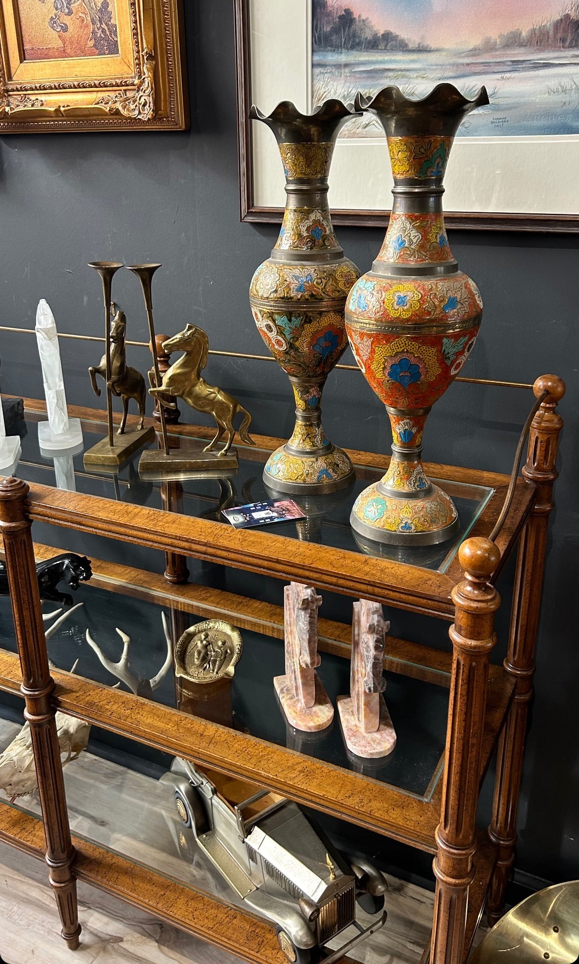 three-tier burlwood and glass console shelf