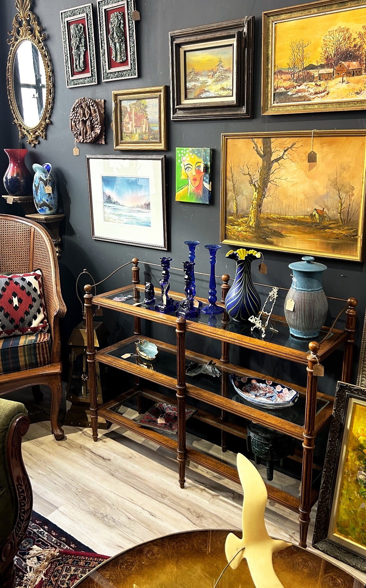 three-tier burlwood and glass console shelf