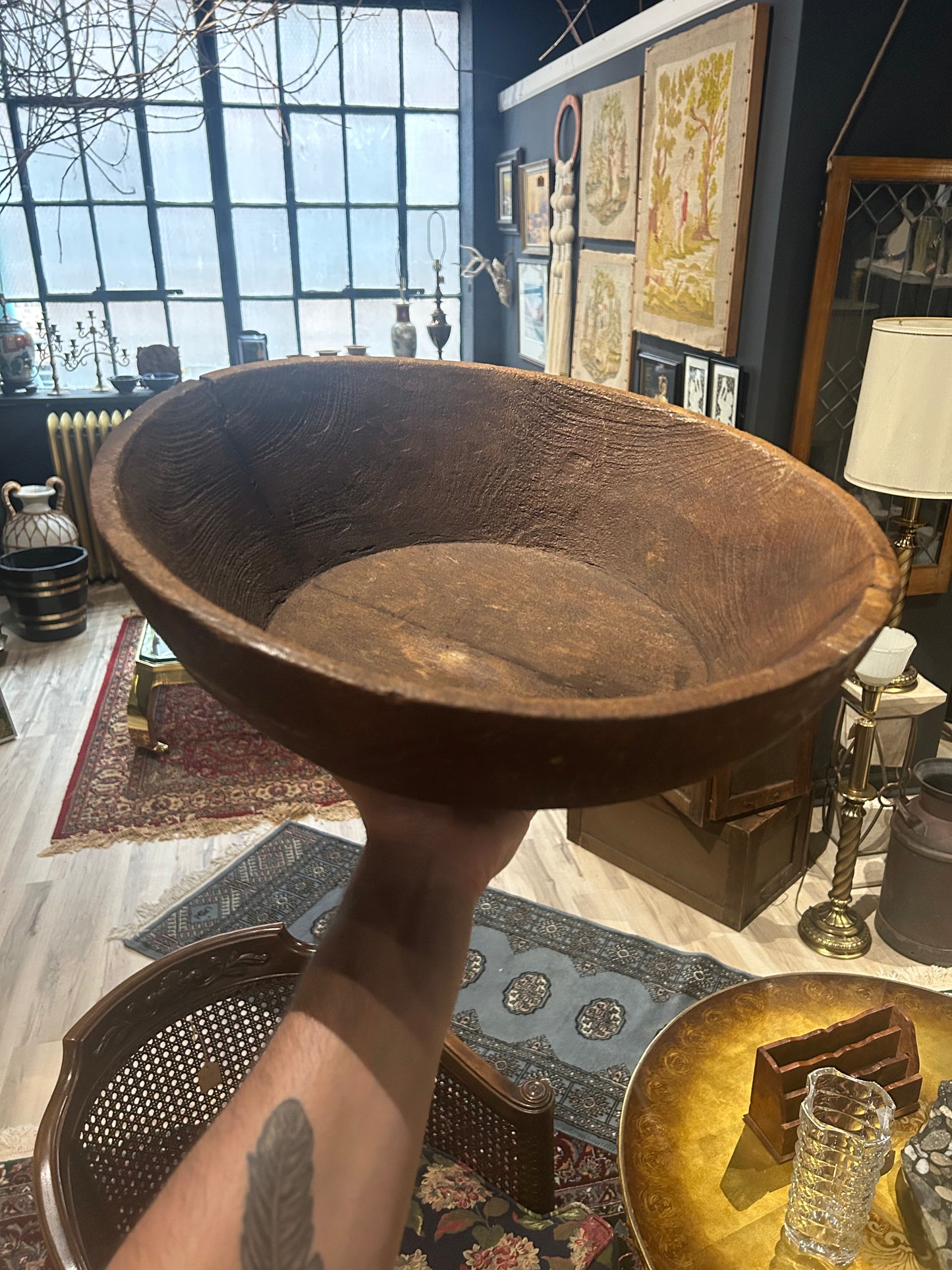 oversized, primitive wooden bowl