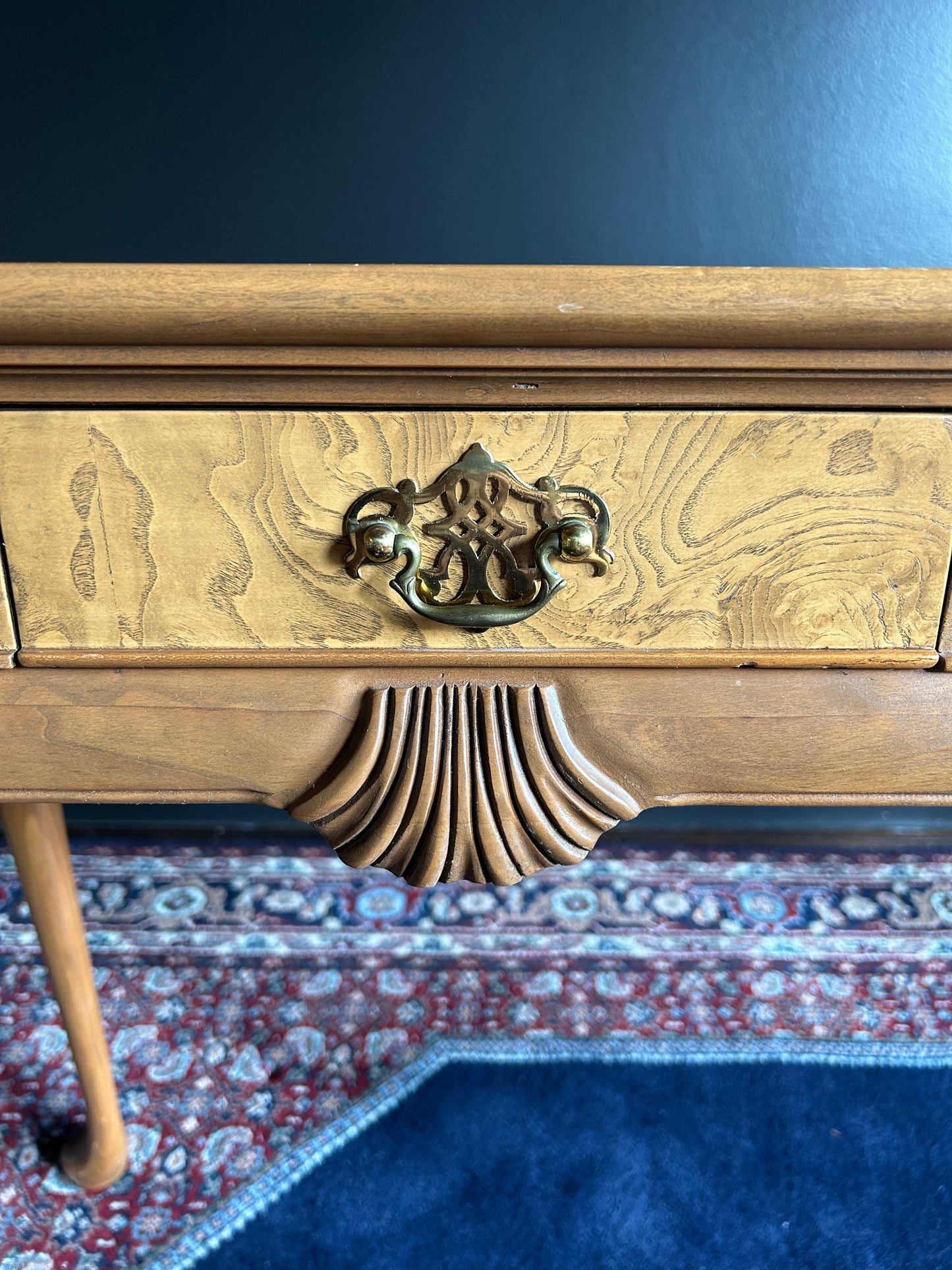 vintage burl wood console table