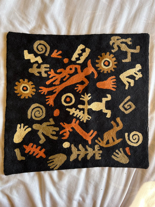 handmade pillow cover, black and ochre tribal figures