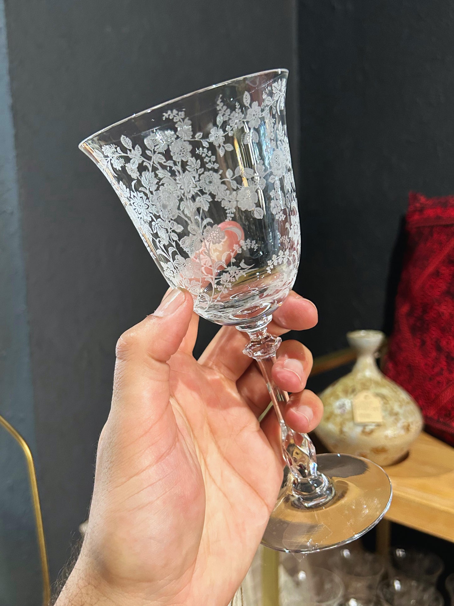 Fostoria crystal wine glasses with floral etching