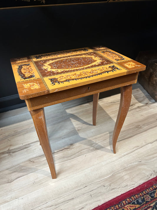 vintage ornate inlaid wood musical storage table