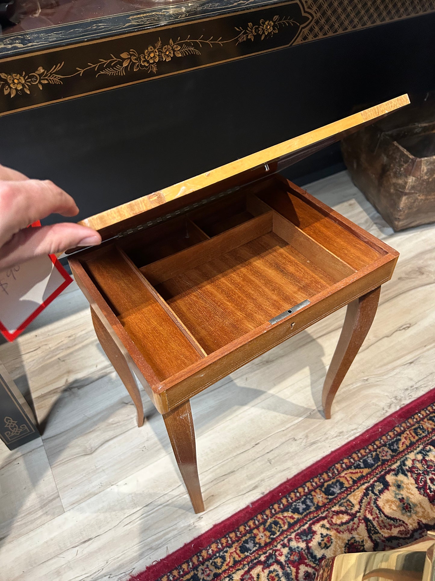 vintage ornate inlaid wood musical storage table