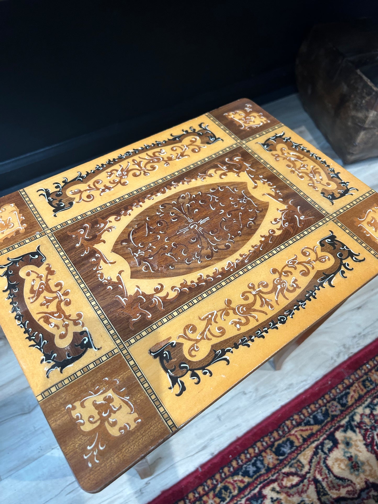 vintage ornate inlaid wood musical storage table