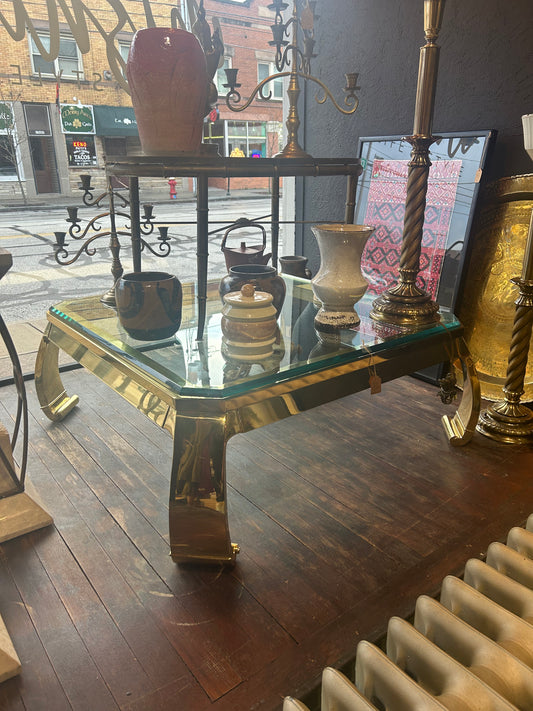Ming-legged, Mastercraft brass coffee table by Karl Springer