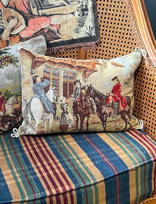 vintage needlepoint pillow with entourage scene